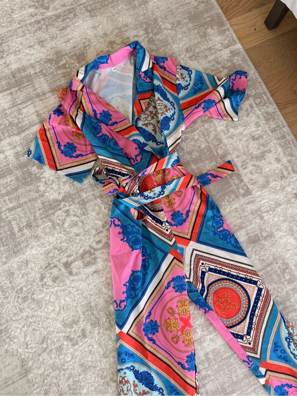 NEW Printed Wrap Jumpsuit in Pink & Blue